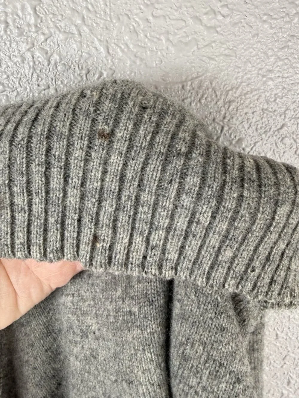 Fisherman Out Of Ireland Sweater Men XXL Gray Flecked Lambswool Knit Elbow Patch